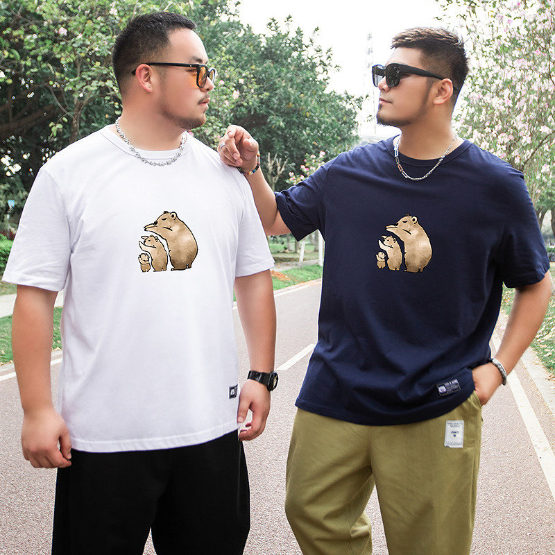 大码潮牌男装加肥加大码街头休闲风夏季纯棉卡通熊短袖印花T恤衫