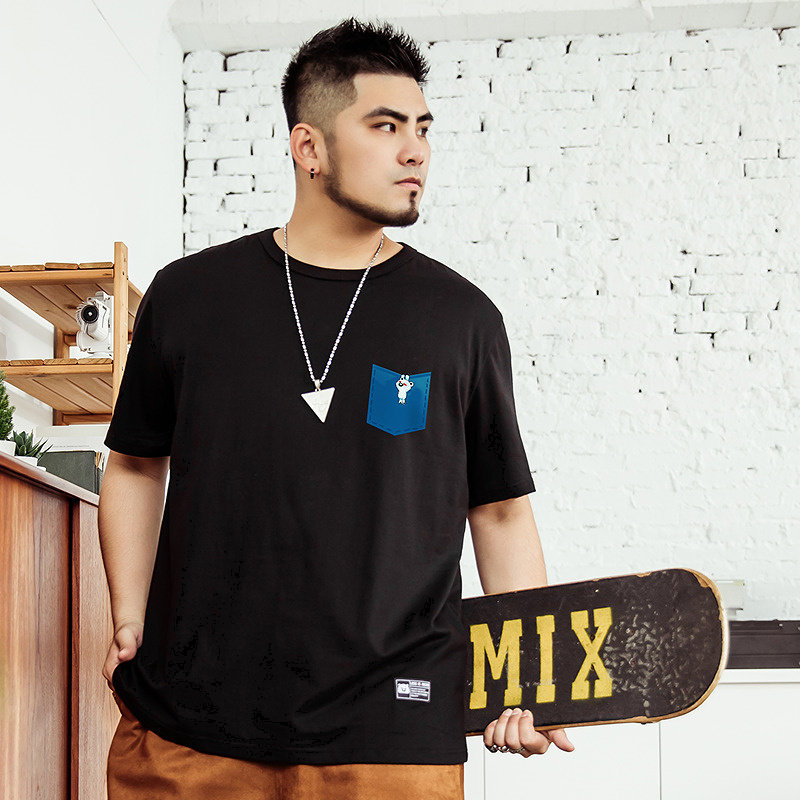 大码潮牌男装夏日纯色短袖简约休闲风加大码卡通小熊趣味印花T恤