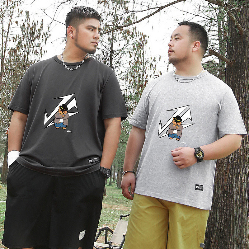 大码潮牌男装加肥加大码街头潮流风几何动物卡通趣味印花短袖T恤