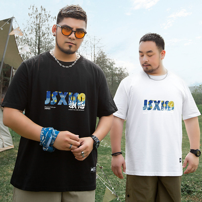 大码潮牌男装加肥加大码圆领国潮风夏潮胖子渐变彩色印花短袖T恤