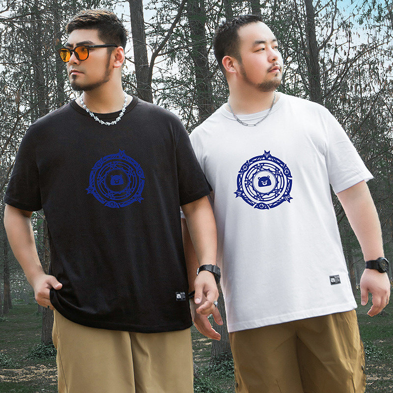 大码潮牌男装宽松加肥加大街头潮流夏季纯棉几何涂鸦印花短袖T恤