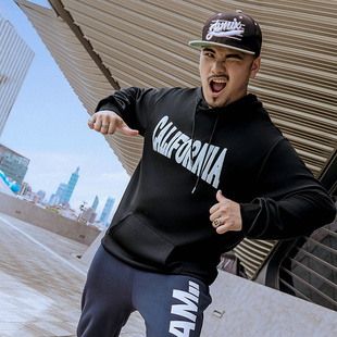 大码 宽松直筒街潮休闲风莫棉空气层混纺字母印花连帽卫衣 潮牌男装