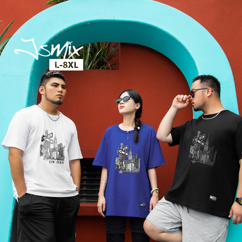 胖胖星球潮牌男装宽松加肥加大夏季休闲圆领街头城市印花短袖t恤