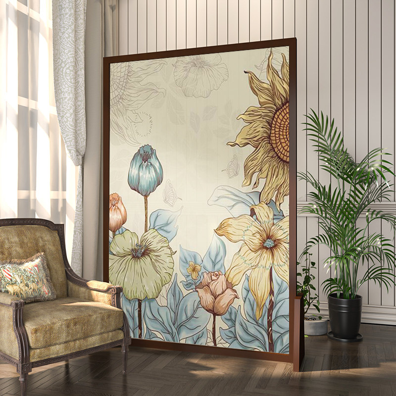 美式复古欧式实木屏风隔断客厅玄关现代简约可定制抽象座屏向日葵
