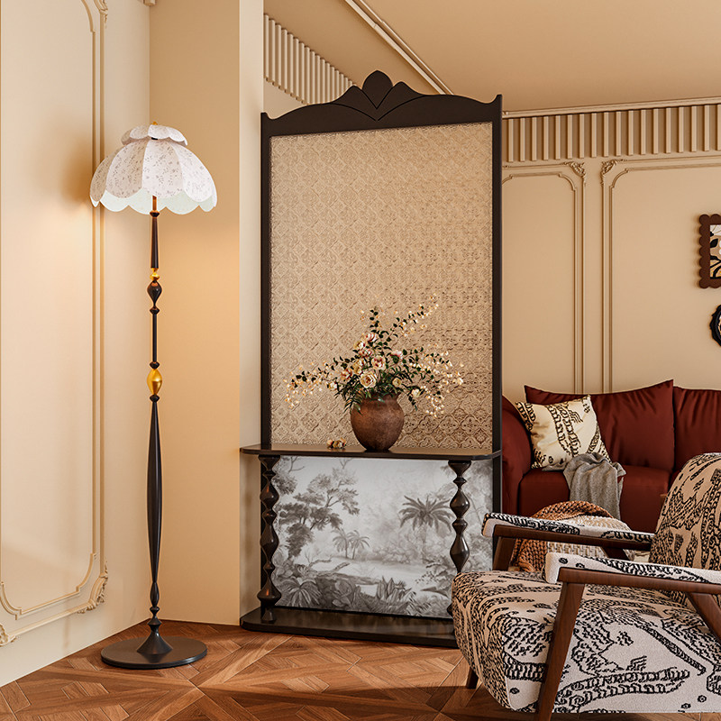 法式混搭风海棠玻璃实木屏风隔断墙装饰家用客厅玄关置物移动座屏