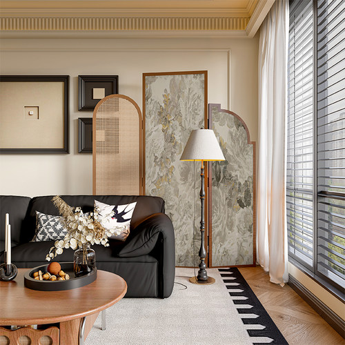 法式中古侘寂风复古藤编实木屏风隔断墙装饰客厅玄关创意移动折屏