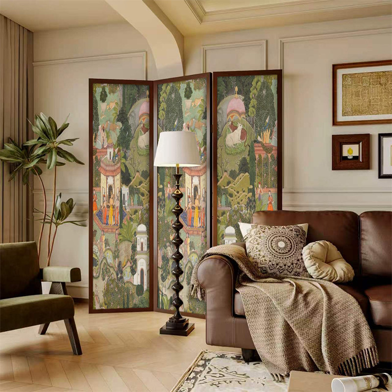 法式美式侘寂风抽象艺术实木屏风隔断墙装饰客厅主卧玄关移动折屏