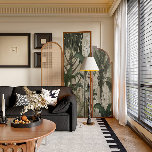 法式中古侘寂风实木藤编屏风隔断墙装饰客厅入户定制抽象移动折屏