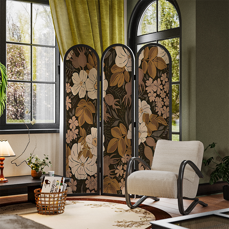 美式简约混搭风抽象实木屏风隔断墙装饰客厅玄关创意花卉移动折屏