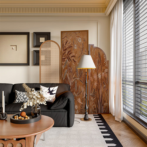 法式中古侘寂风实木藤编屏风隔断墙装饰客厅背景抽象遮挡移动折屏