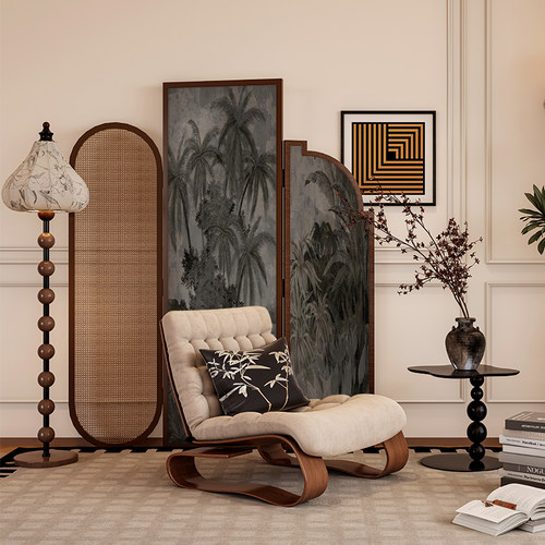 法式中古侘寂风雨林定制实木藤编屏风隔断墙装饰客厅玄关移动折屏