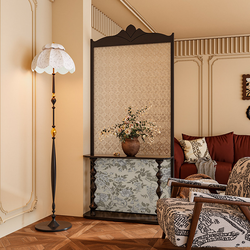 法式美式混搭艺术海棠玻璃实木屏风隔断墙客厅玄关置物架移动座屏