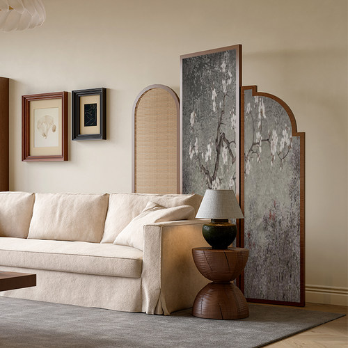 法式中古侘寂风梅花屏风隔断墙装饰客厅玄关背景实木藤编移动折屏