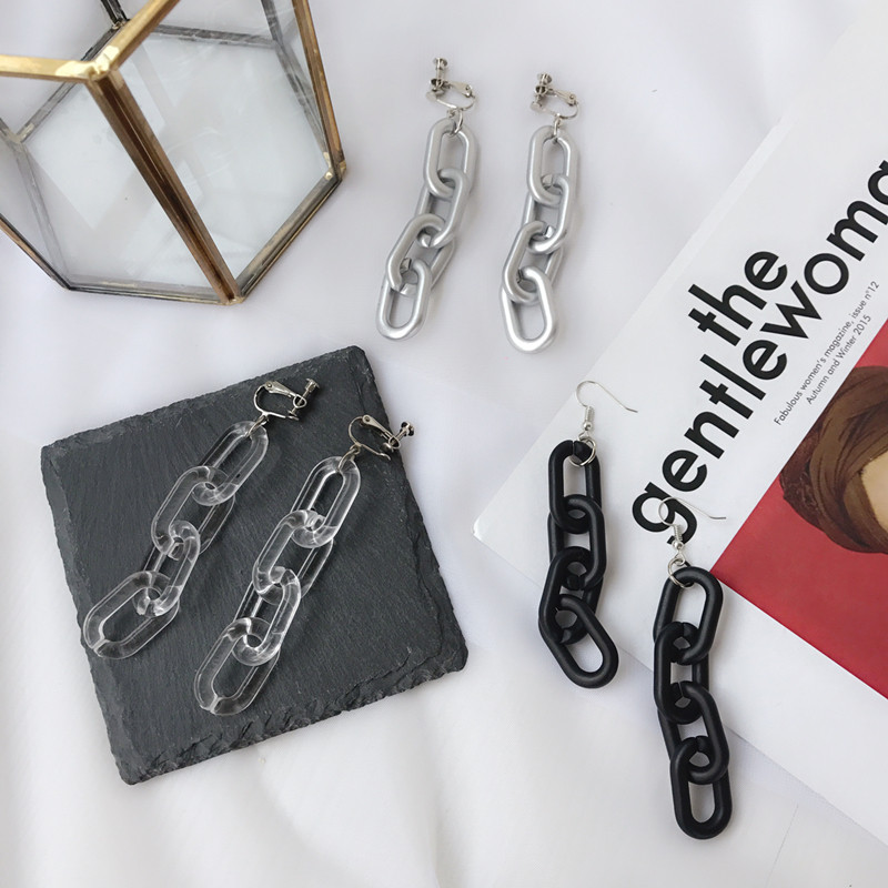 欧美复古夸张性冷淡风透明链条耳环朋克少女金属银回形针耳坠耳夹
