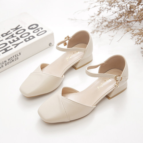 夏季凉鞋女低跟一字扣方头包头仙女单鞋国风配裙子绝美小跟凉鞋