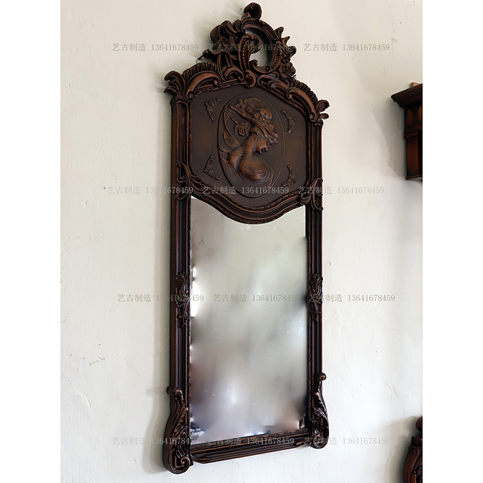 法式中古实木榫卯雕花装饰壁镜欧式玄关高端复古全身镜化妆镜定制