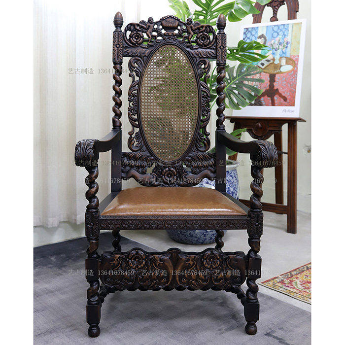 法式文艺复兴实木榫卯藤面餐椅意大利经典中古书房写字椅办公椅