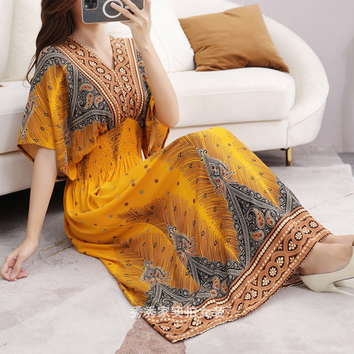 韩版A字棉绸碎花高腰棉绸连衣裙