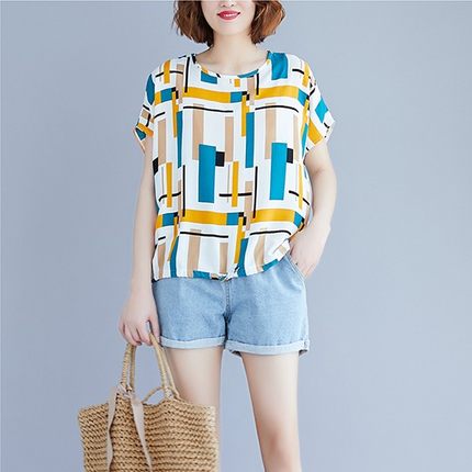 夏季薄款棉绸衫短袖t恤女上衣2025夏胖mm加肥大休闲碎花人造绵衫