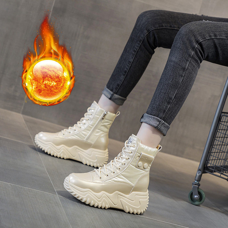 真皮内增高马丁靴女冬2025新款加绒女靴厚底防水雪地靴小个子短靴