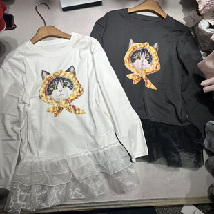 韩系ins猫咪印花长袖 T恤女2026早春蕾丝花边宽松显瘦甜美减龄上衣