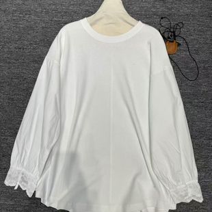 秋冬白色长袖 宽松显瘦百搭蕾丝花边圆领内搭上衣 T恤女胖MM大码