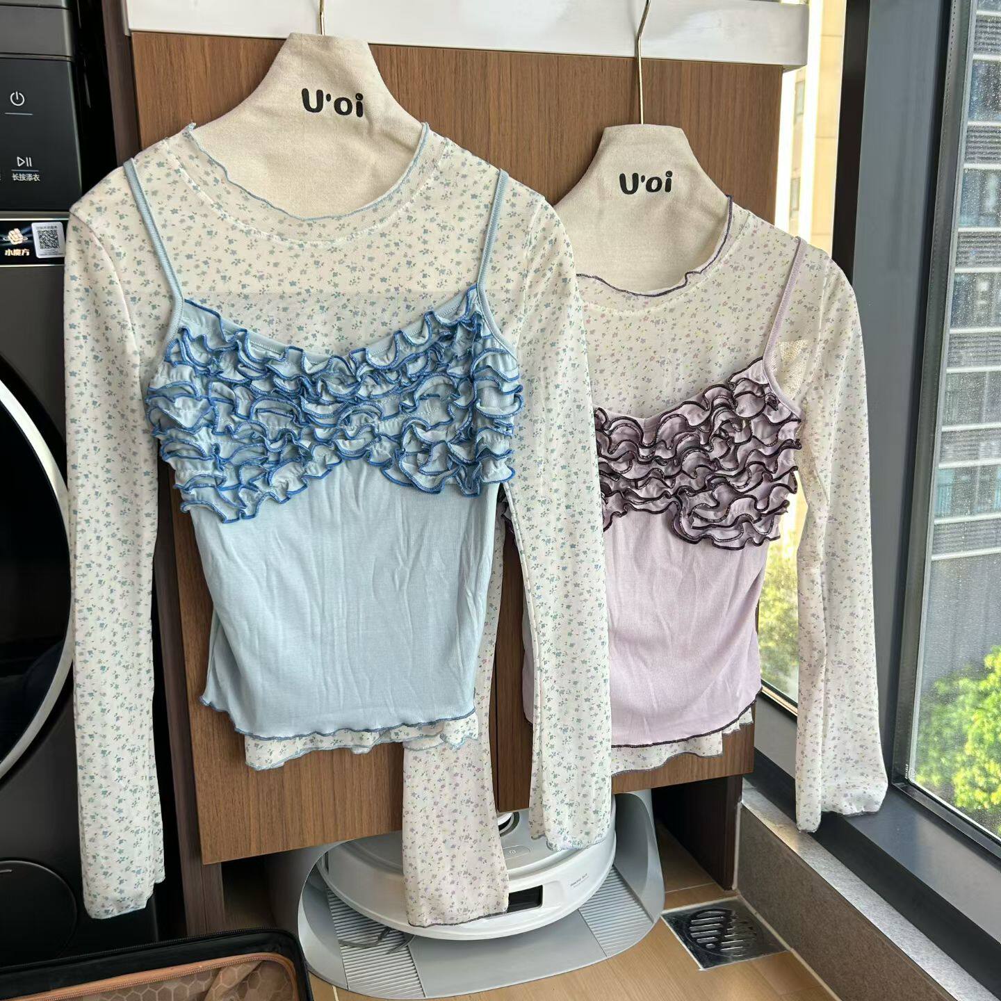 设计感蕾丝拼接长袖T恤女微透叠穿两件套复古碎花甜美打底衫上衣