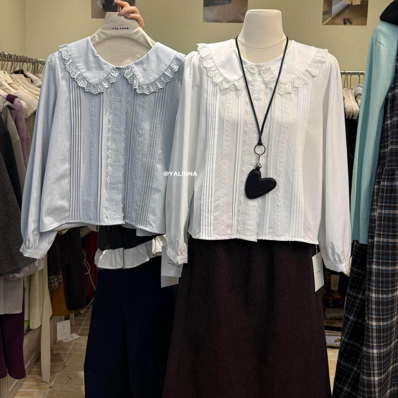 YALINNA冬季娃娃领蕾丝拼接衬衫