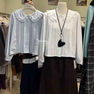 上衣 设计感小众衬衣长袖 洋气蕾丝木耳边娃娃领打底磨毛衬衫 女冬季