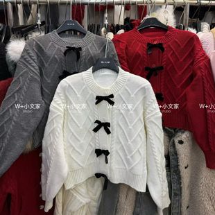 女麻花蝴蝶结气质百搭软糯小个子短款 针织衫 毛衣 甜美风长袖 韩版