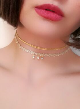 豆记日本星空CHOKER蕾丝锆石项链