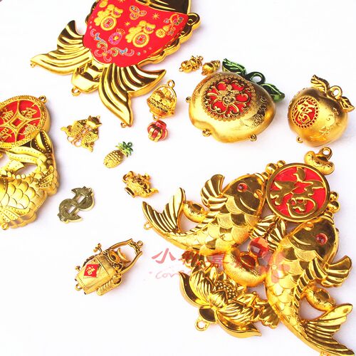 塑料镀金新年金色元宝小配件挂件植物盆景配饰小灯笼塑料双鱼元宝 - 封面