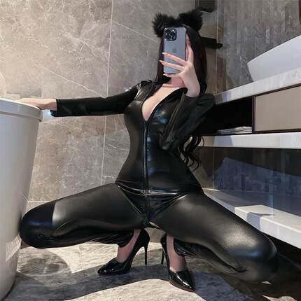 性感皮衣双拉链开档裤大码户外弹力紧身包脚连体衣制服塑身束身衣