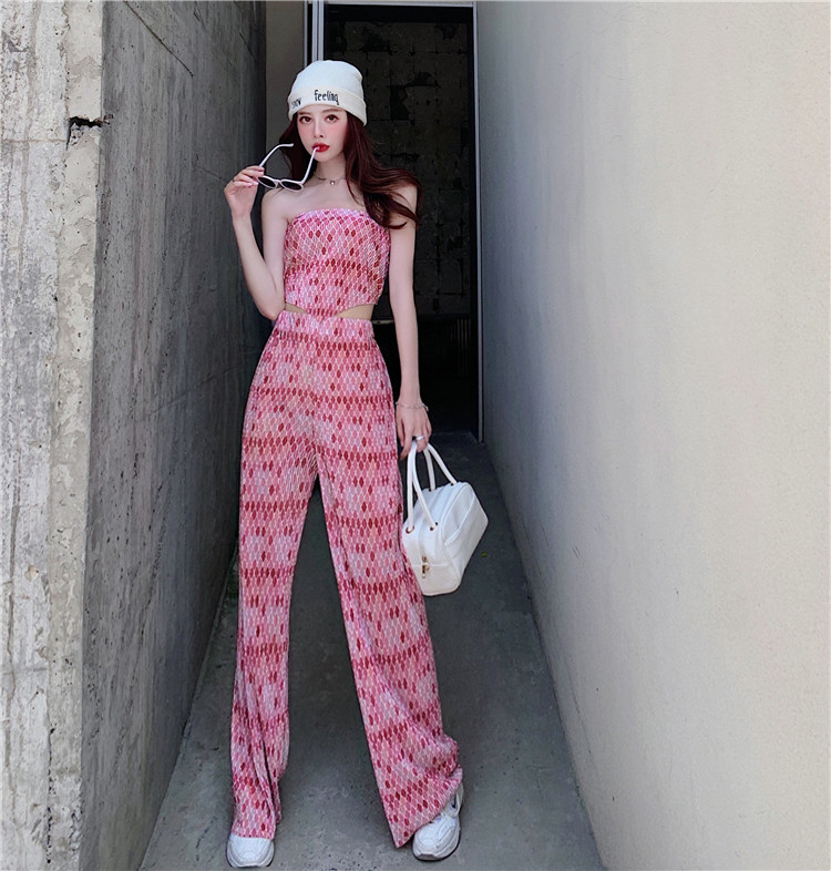 Real price 2021 summer new Plaid print pleated bra + pleated wide leg pants