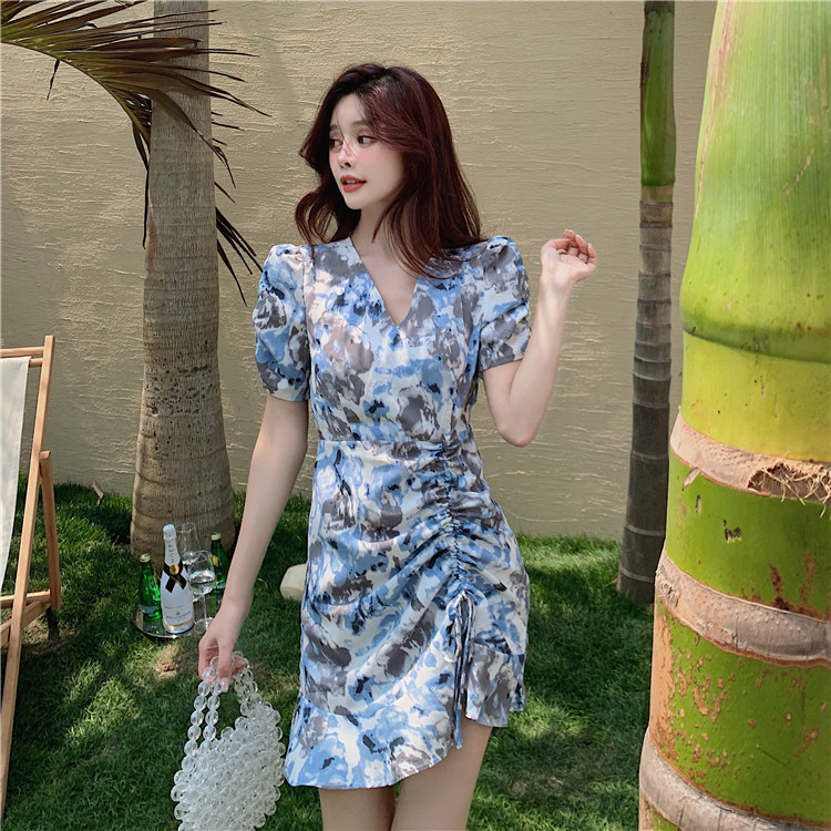 Real price 2021 summer design drawstring tie dyed fishtail slim dress