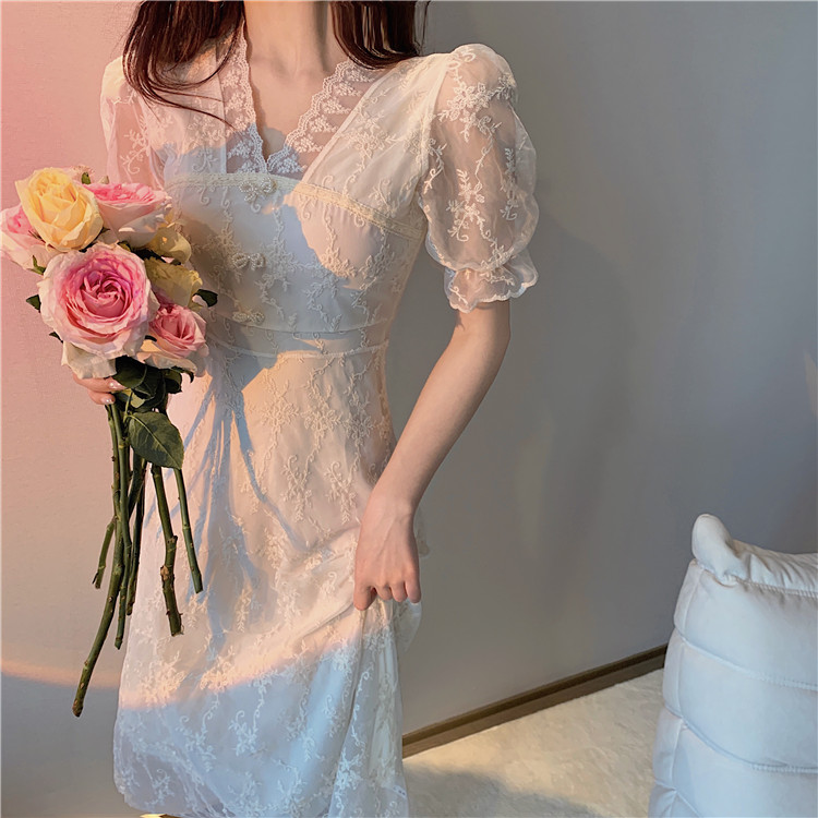 Real price French V-neck pin bead bow Lace Crochet long dress