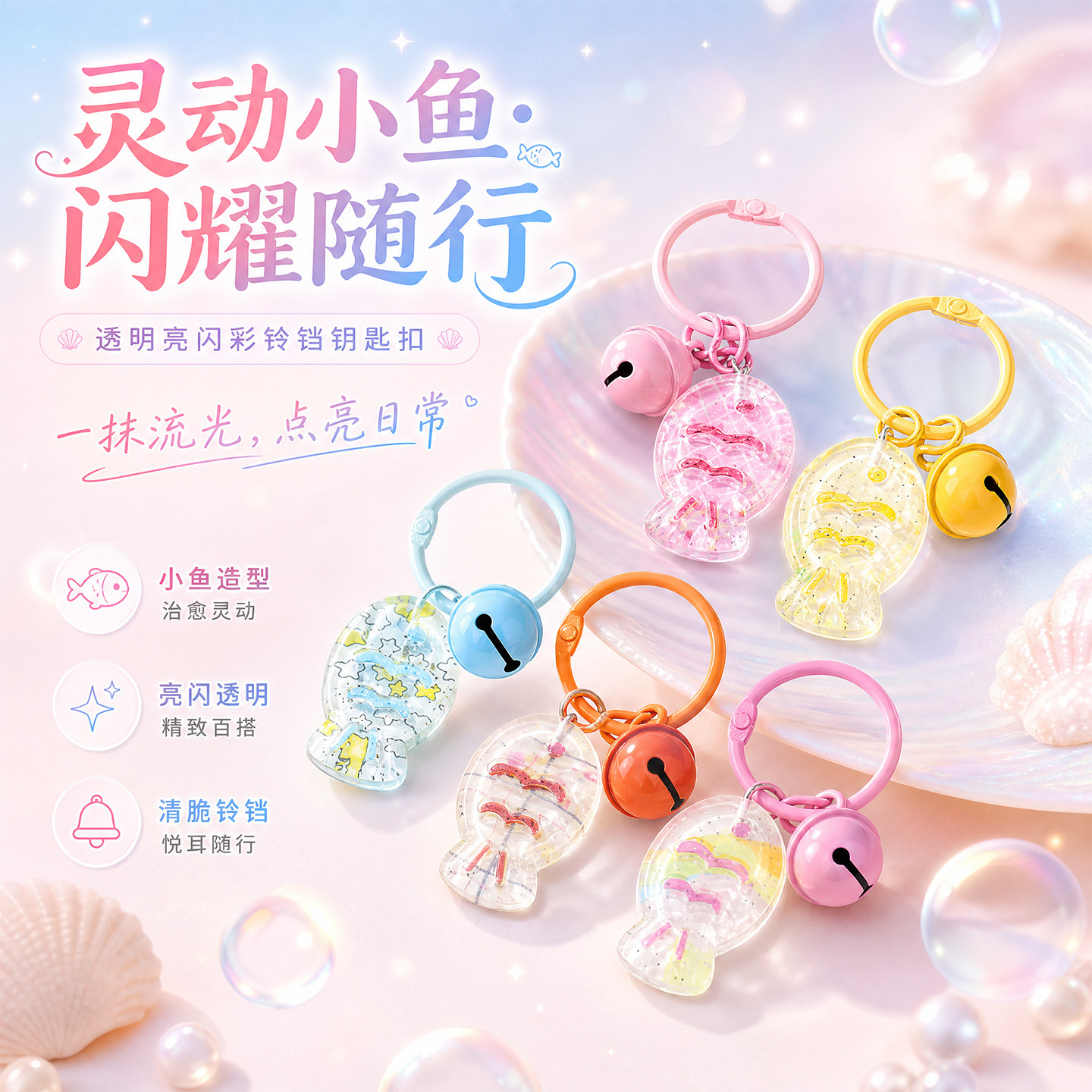 透明亮闪彩小鱼铃铛钥匙扣学生图片