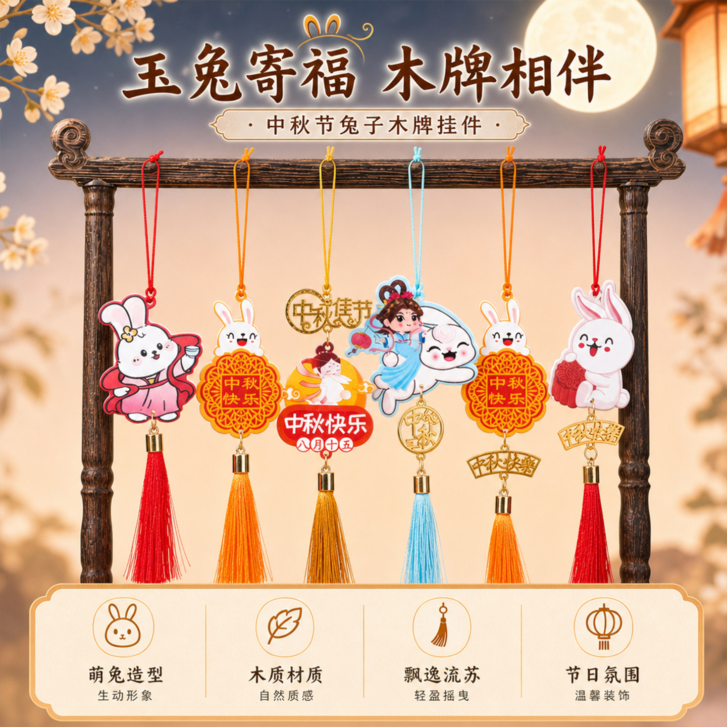 中秋节兔子木牌挂件新中式镂空