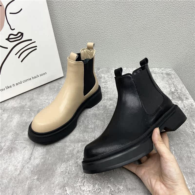 2021新款真皮断码女靴欧美圆头细带侧拉链英伦风低跟马丁靴女短靴