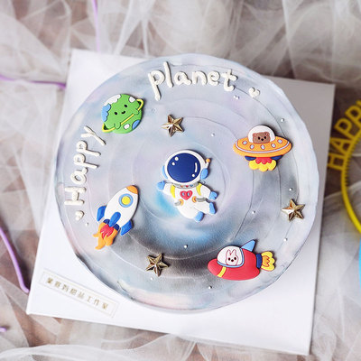 烘焙蛋糕装饰摆件软胶太空人火箭飞碟男生宇航员生日装扮插件插卡