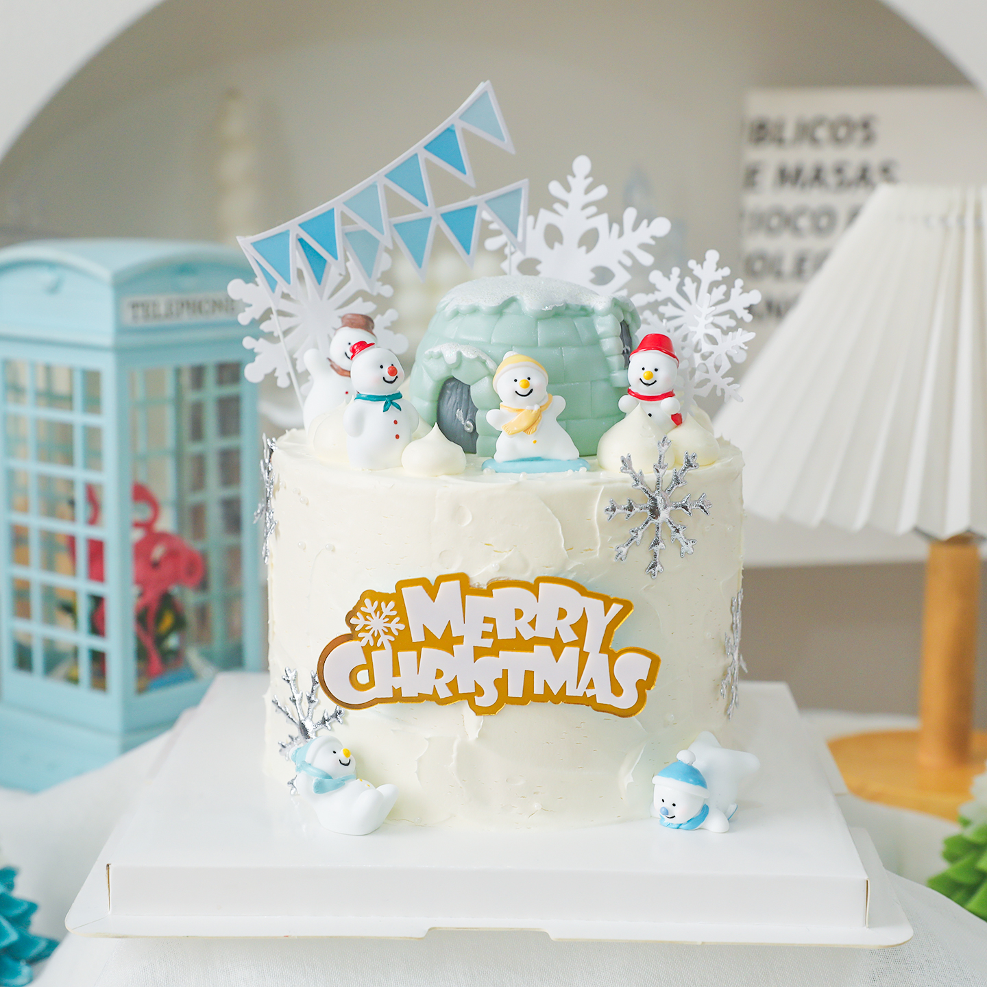 烘焙蛋糕装饰圣诞节冰雪灯光冰屋网红雪人摆件雪花插件生日插卡