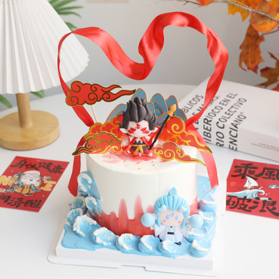 网红新款哪吒软陶插件烘焙装扮混天绫丝带蛋糕装饰生日插牌插件