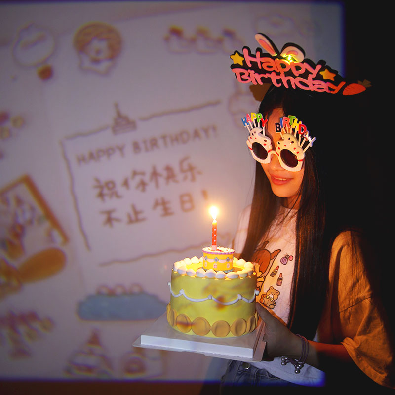 网红拍照投影灯生日快乐蛋糕装饰灯眼镜派对投影道具节日自拍神器