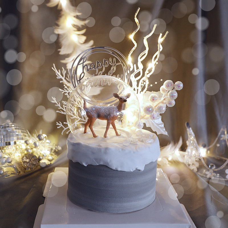 烘焙蛋糕装饰摆件网红森系七夕情人节梦幻水晶球麋鹿甜品插件插牌