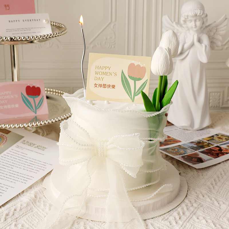 网红女王节郁金香珍珠丝带女神母亲节节日蛋糕装饰插件卡片插卡