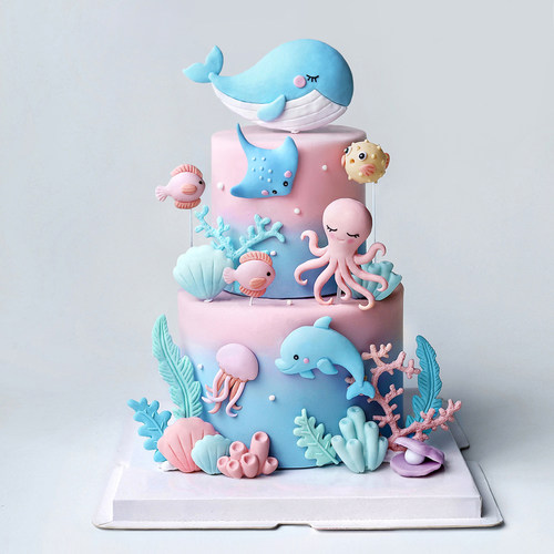 网红烘焙海洋生日蛋糕装饰摆件鲸鱼八爪魔鬼鱼海豚水母贝壳插件