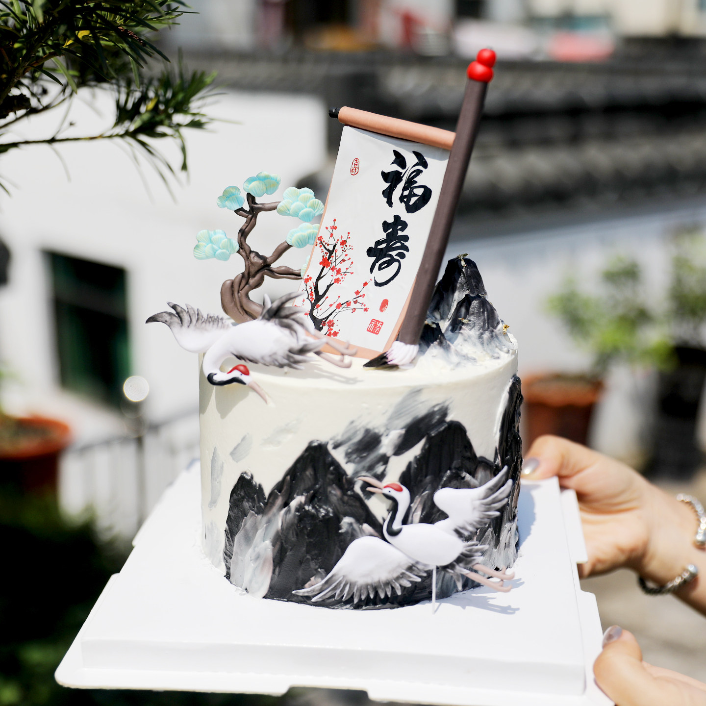国风仙鹤松树毛笔画字福寿生日蛋糕节日派对插卡插件烘焙蛋糕装饰