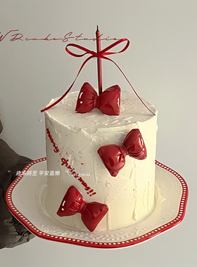 佳妍圣诞节新年烘焙蛋糕装饰摆件可爱kt红色皮质蝴蝶结插件丝带