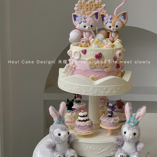 网红双层旋转转机木马纸杯烘焙蛋糕装饰摆件粉狐狸卡通三丽鸥插件