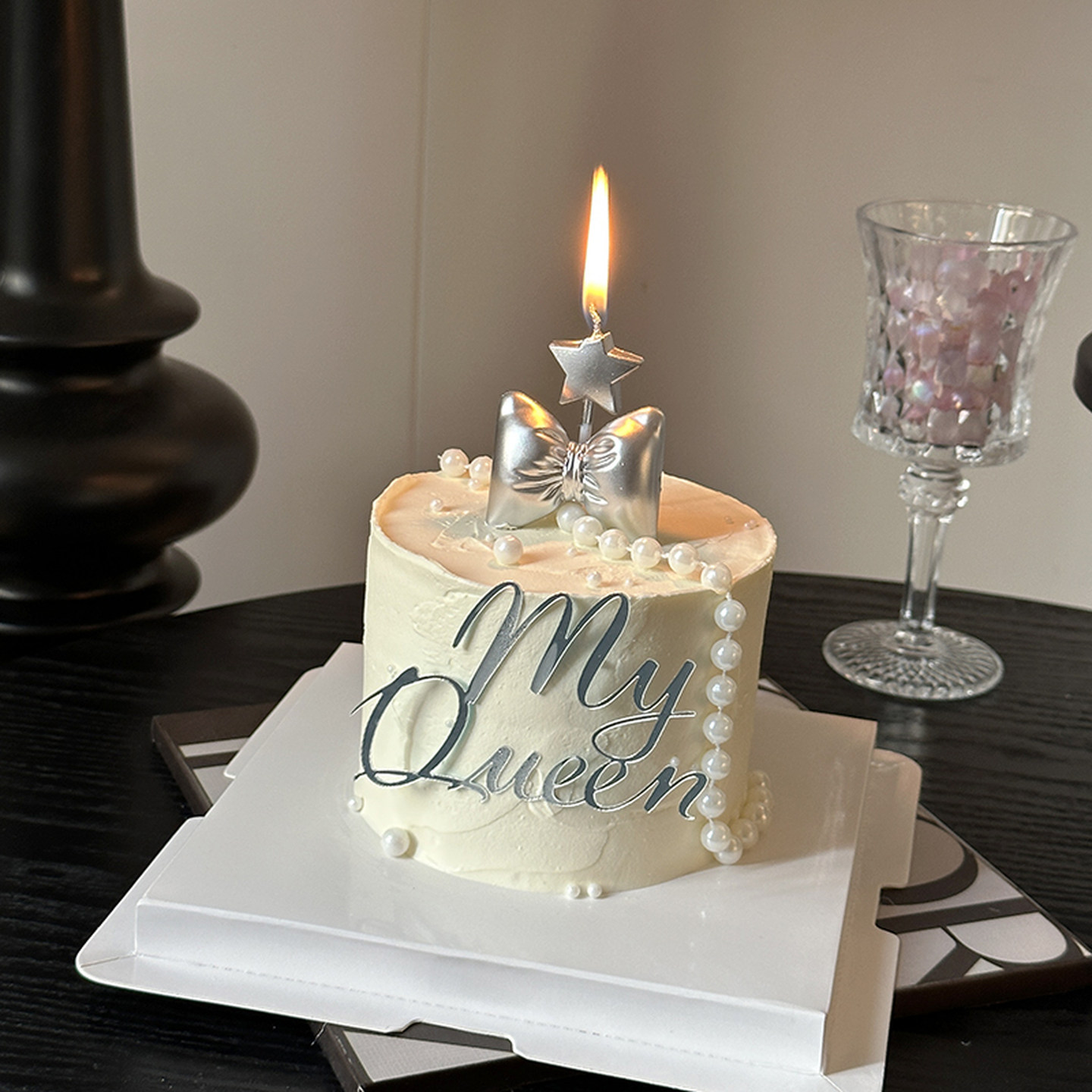 网红母亲节烘焙蛋糕装饰摆件塑料银色蝴蝶结My Queen亚克力插件